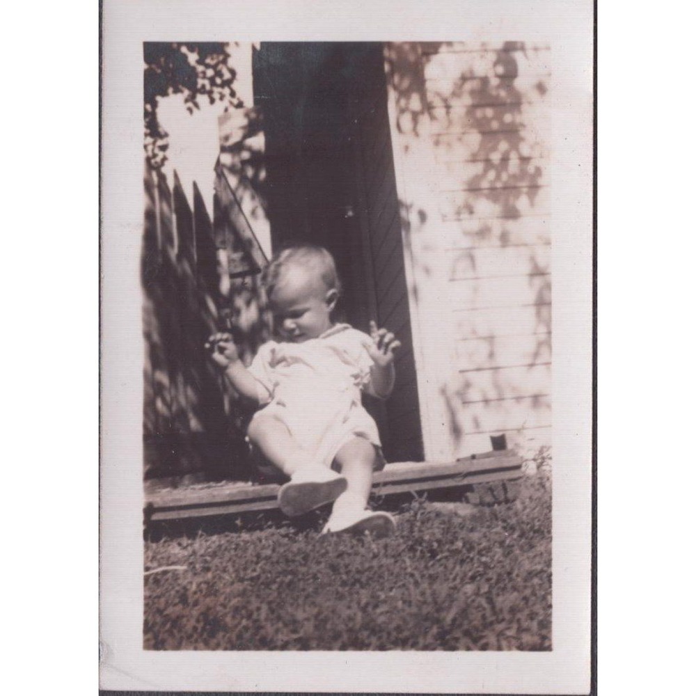 Snapshot Photo Toddler Sitting Outdoors Wooden Step c1940s Vtg B&W